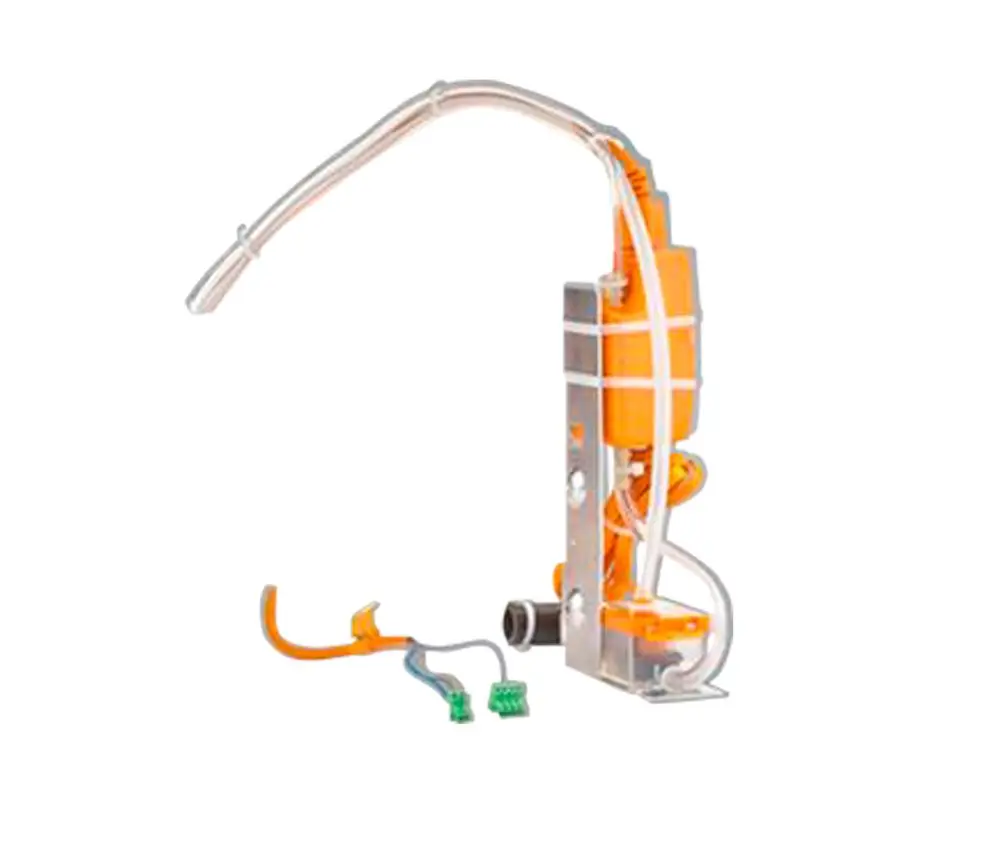 Kondensatpumpe in orange und transparent mit verbindenden Schläuchen und elektrischen Anschlüssen, gefertigt von Fränkische. Geeignet für die Ableitung von Kondenswasser.